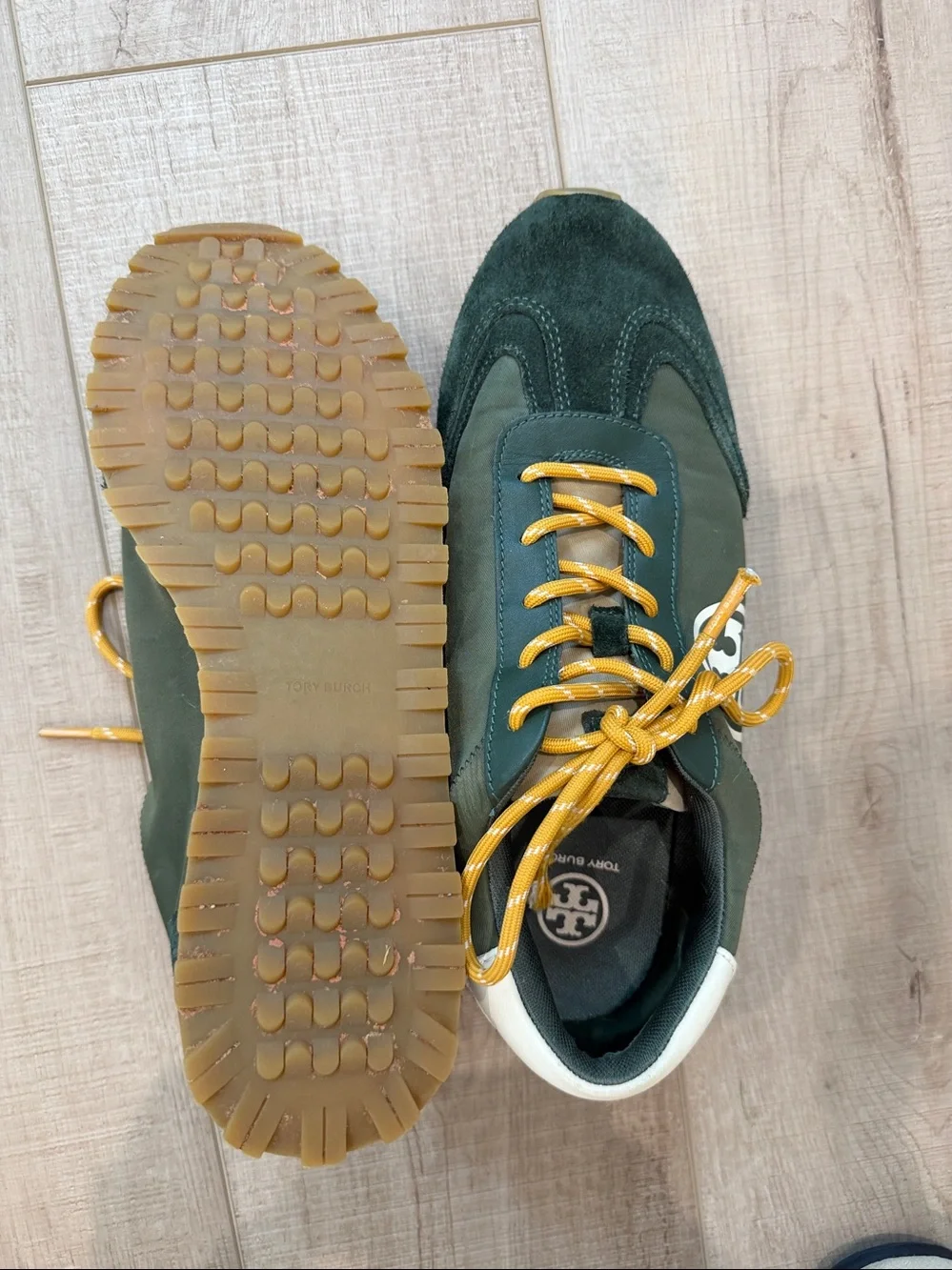 Tory Burch Annie Nylon Green Suede Women’s Sneakers with Yellow Laces-10.5